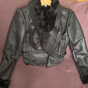 Jennifer Lopez black faux shearling suede moto jacket women's S
